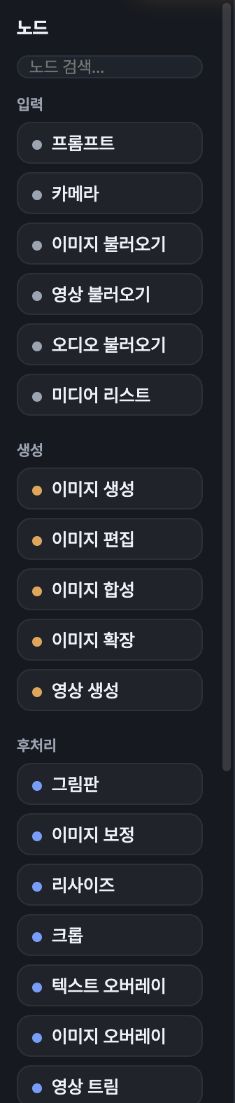 입력·생성·후처리·출력·주석 카테고리로 정리된 노드 팔레트